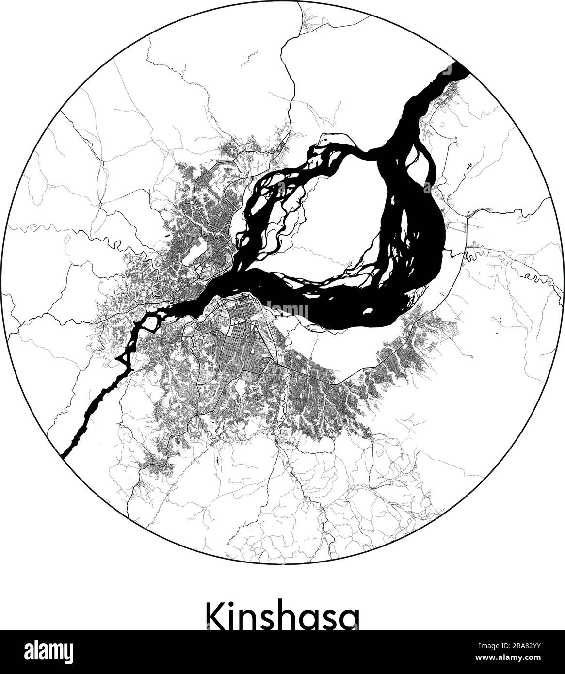 Mappa della città Kinshasa Repubblica Democratica del Congo Africa illustrazione vettoriale bianco e nero Illustrazione Vettoriale
