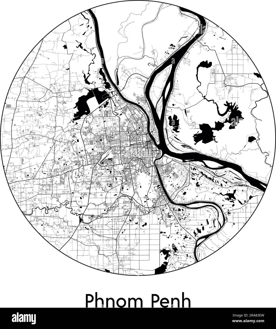 Mappa della città Phnom Penh Cambodia Asia illustrazione vettoriale bianco e nero Illustrazione Vettoriale