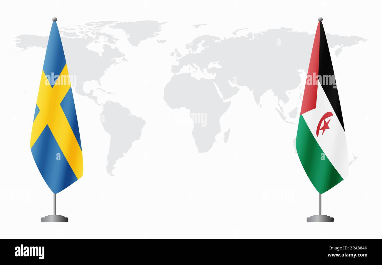 Svezia e Repubblica Democratica Araba Sahrawi bandiere per un incontro ufficiale sullo sfondo della mappa mondiale. Illustrazione Vettoriale