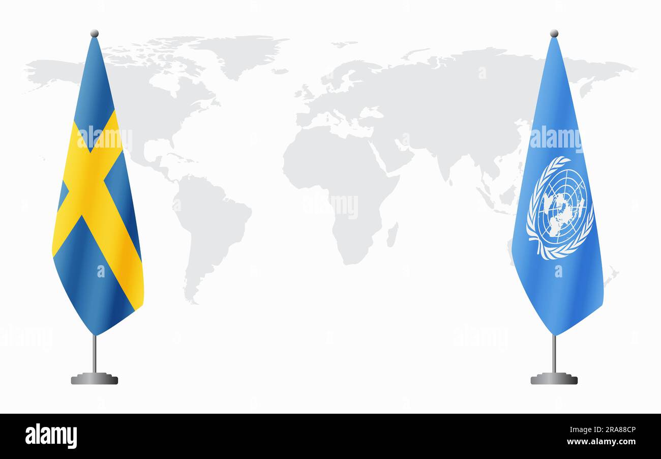 Svezia e Nazioni Unite bandiere per un incontro ufficiale sullo sfondo della mappa mondiale. Illustrazione Vettoriale