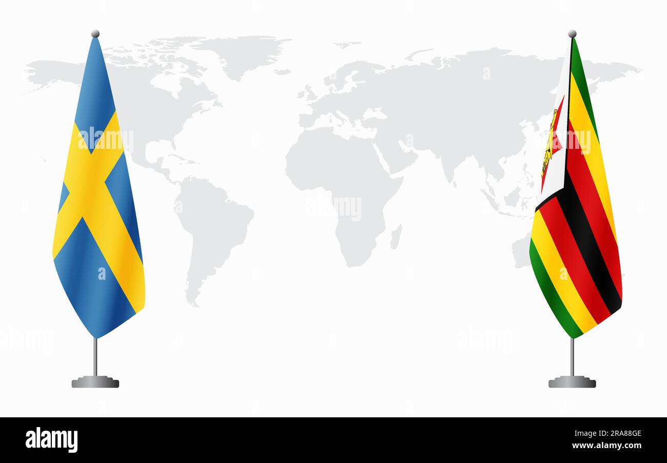 Svezia e Zimbabwe bandiere per un incontro ufficiale sullo sfondo della mappa mondiale. Illustrazione Vettoriale