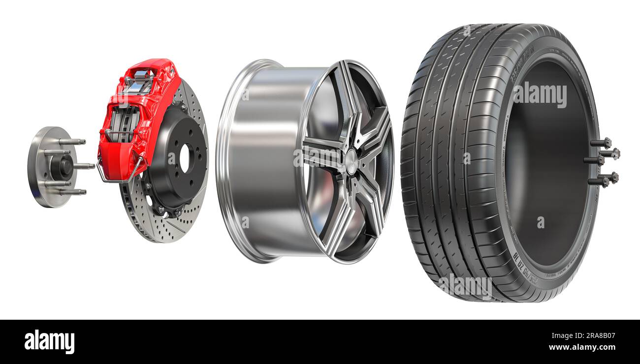 Struttura delle ruote per auto. Pneumatici, cerchioni, freni a disco con pinza isolata di colore bianco. illustrazione 3d. Foto Stock