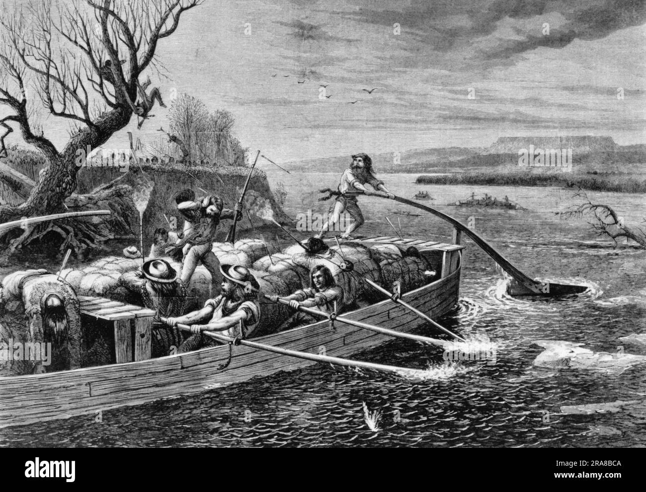Missouri River: 1868 Uno schizzo di William de la Montagne Cary di commercianti di pellicce attaccati nella loro barca Mackinaw dagli indiani. Foto Stock