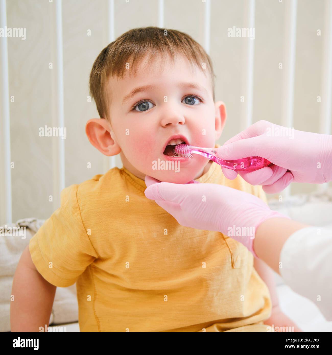 Il professionista dentale dimostra al bambino una corretta tecnica di spazzolatura per mantenere una buona igiene orale. Bambino di circa due anni (un anno undici m Foto Stock