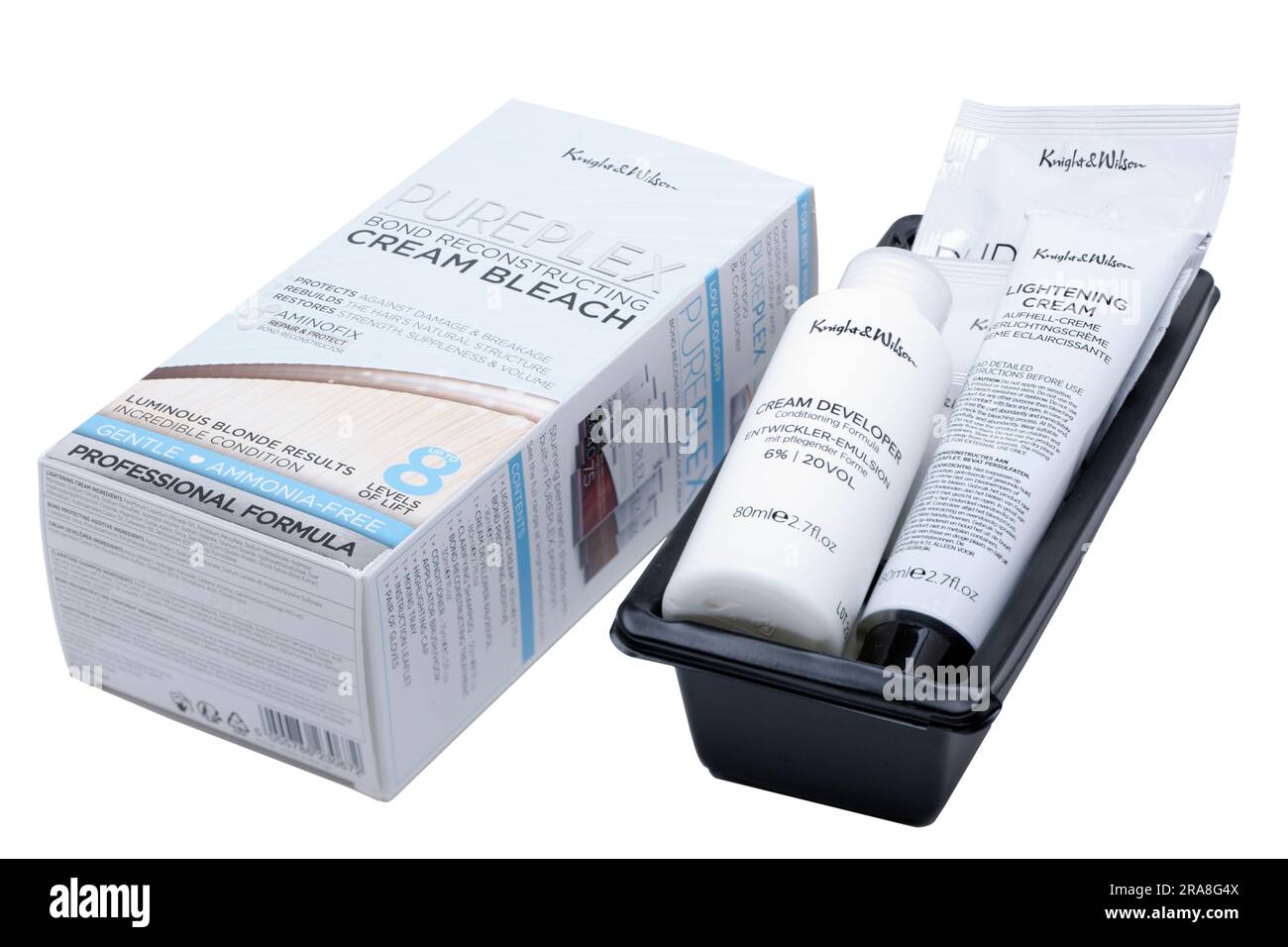 Scatola contenente prodotti per capelli con crema e candeggina rivoluzionaria Knight & Wilson Pureplex Foto Stock