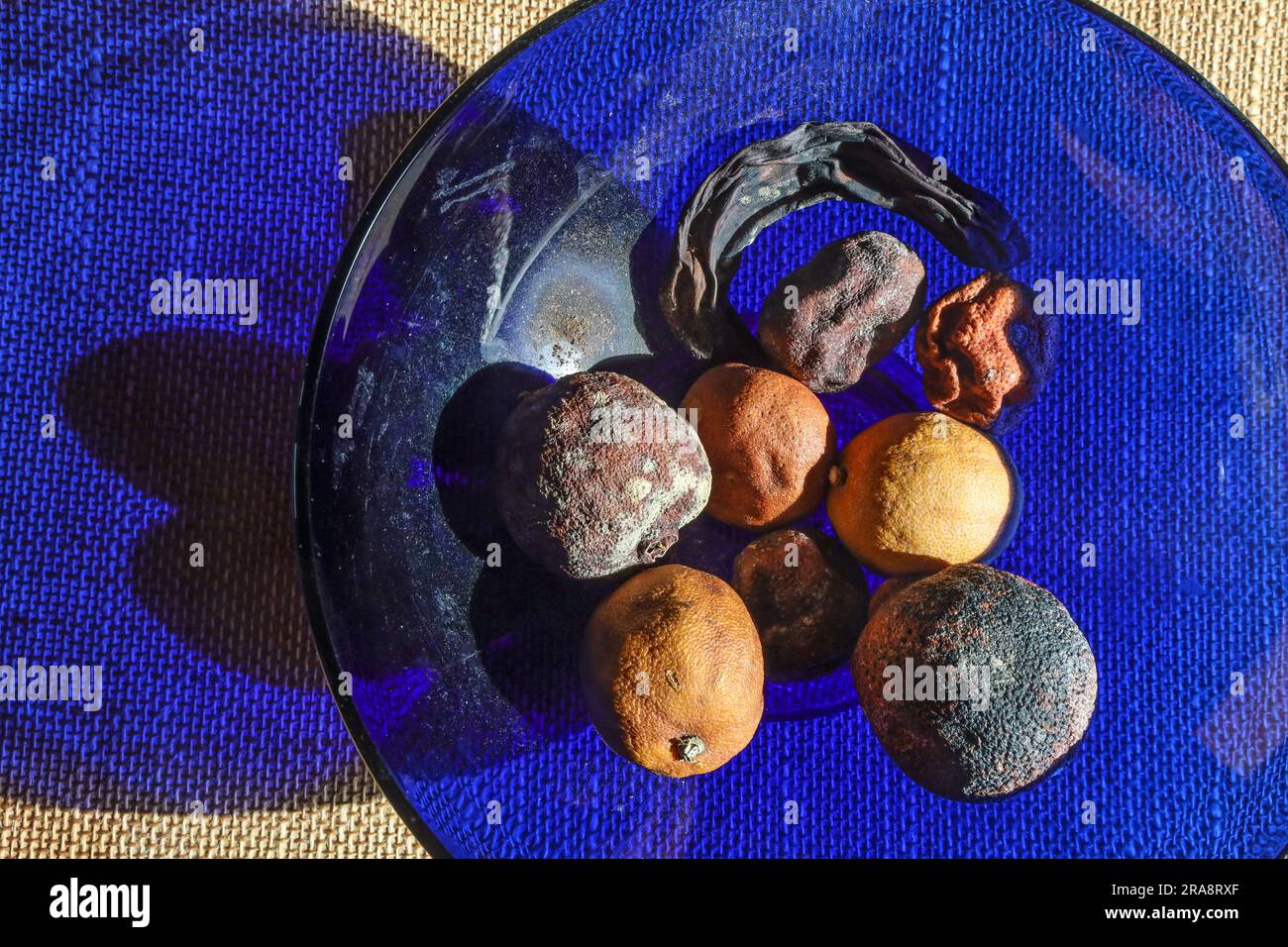 studio con una ciotola in vetro blu di frutta marcillata con luce solare intensa. Drammatico e narrativo. Foto Stock