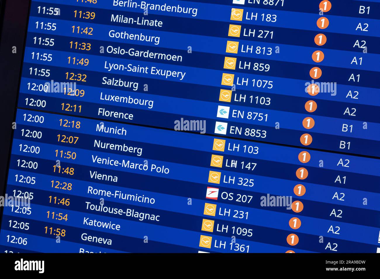 Aeroporto di Francoforte, bacheche per i voli in arrivo Foto Stock