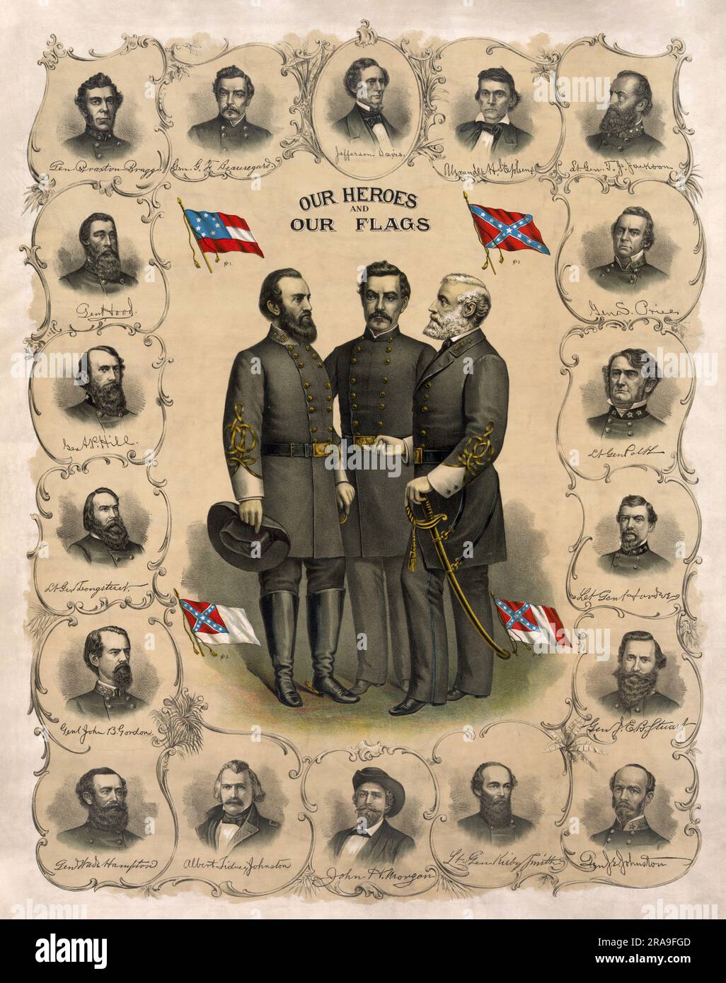 Famosi politici dei Dixies con le quattro versioni della bandiera degli Stati Confederati d'America creata nel 1896 Foto Stock