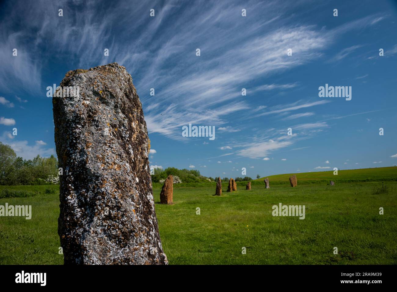 The devil's Quoits, henge tardo neolitico e cerchio di pietre vicino a Stanton Harcourt, Oxfordshire, Regno Unito Foto Stock