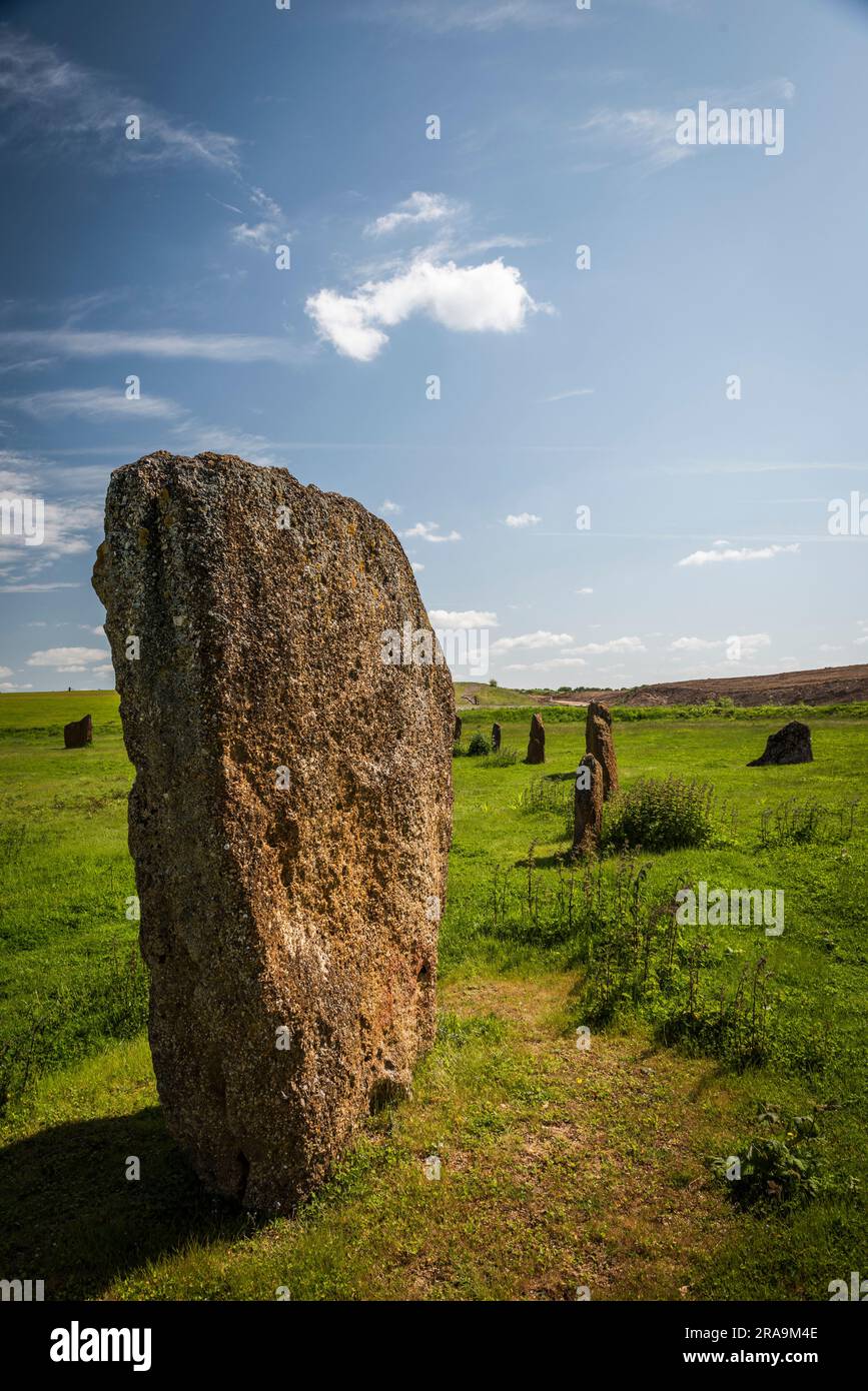 The devil's Quoits, henge tardo neolitico e cerchio di pietre vicino a Stanton Harcourt, Oxfordshire, Regno Unito Foto Stock