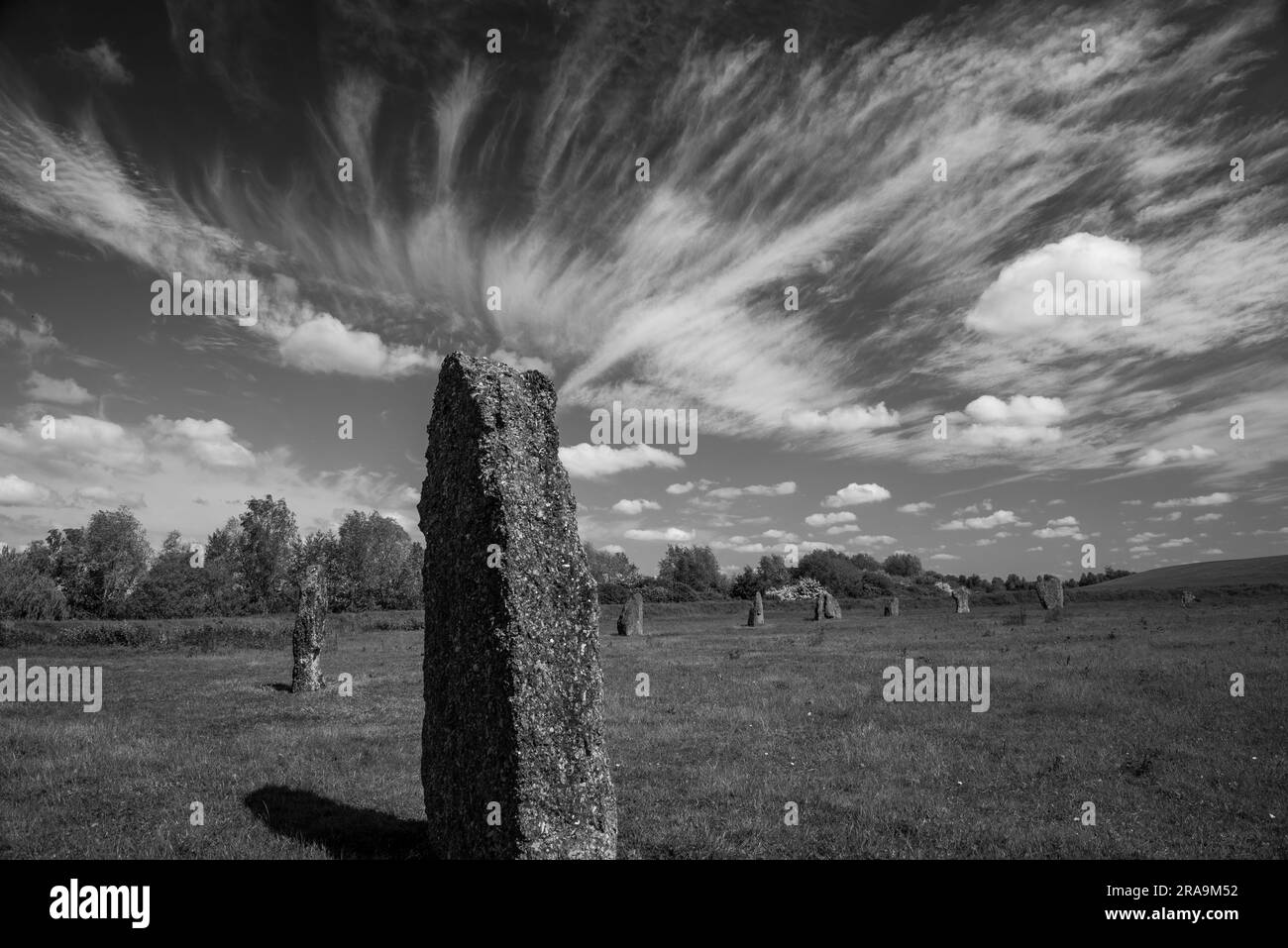 The devil's Quoits, henge tardo neolitico e cerchio di pietre vicino a Stanton Harcourt, Oxfordshire, Regno Unito Foto Stock