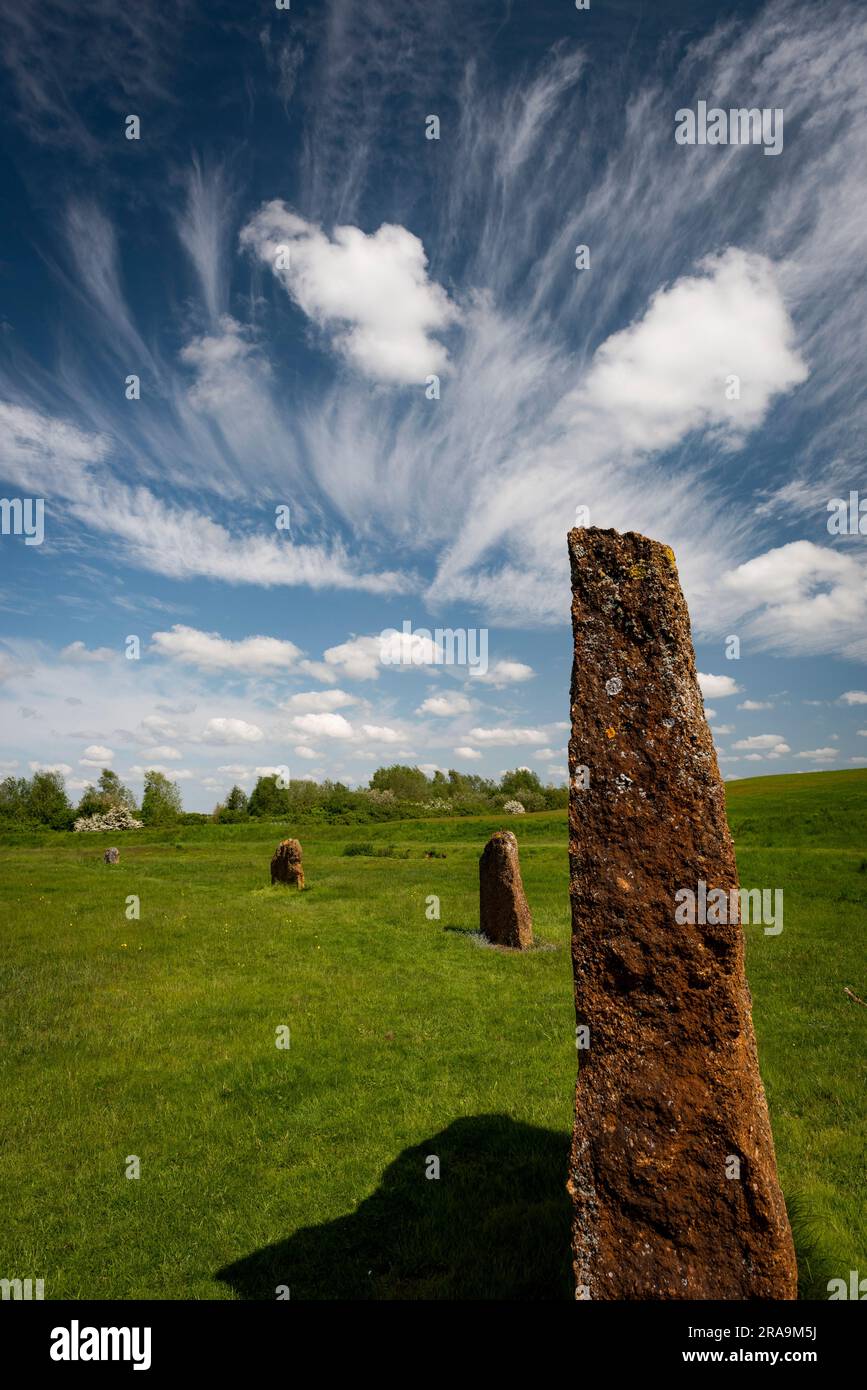The devil's Quoits, henge tardo neolitico e cerchio di pietre vicino a Stanton Harcourt, Oxfordshire, Regno Unito Foto Stock