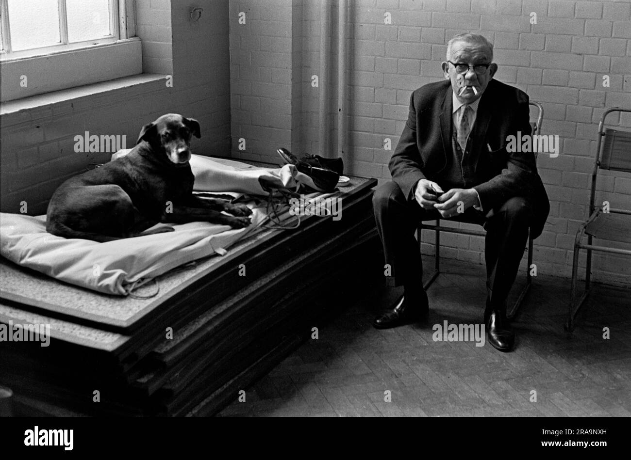 Fumando due sigarette allo stesso tempo, e con il suo cane, un anziano pensionato frequenta un Darby e Joan Club settimanale. Una lezione di danza pomeridiana non vedente e ipovedente per anziani al Battersea Institute. Battersea, Londra, Inghilterra circa 1970.1970s UK HOMER SYKES Foto Stock