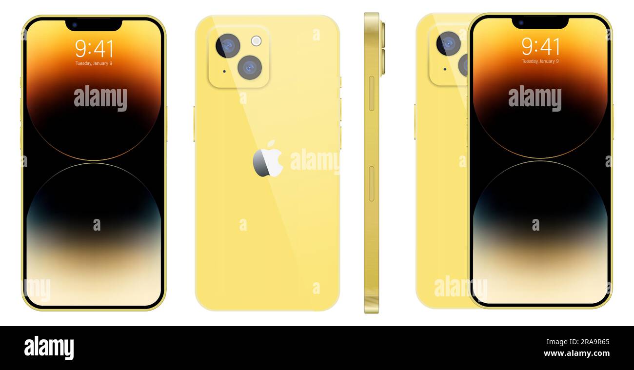 Apple iPhone 14. Smartphone. Disponibile in colore dorato. Nuovo iPhone 14 pro max iphone con schermo mock-up e iphone sul retro. Di Apple Inc Editoriale Illustrazione Vettoriale