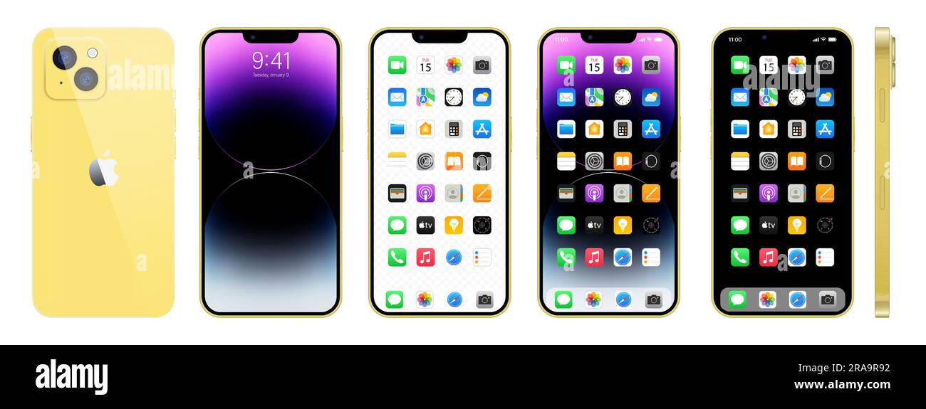 Nuovo iPhone 14 oro. Smartphone Apple inc. Con ios 14. Schermo bloccato, pagina di navigazione del telefono, pagina iniziale con 47 app popolari. Illustrazione vettoriale EPS10 Illustrazione Vettoriale