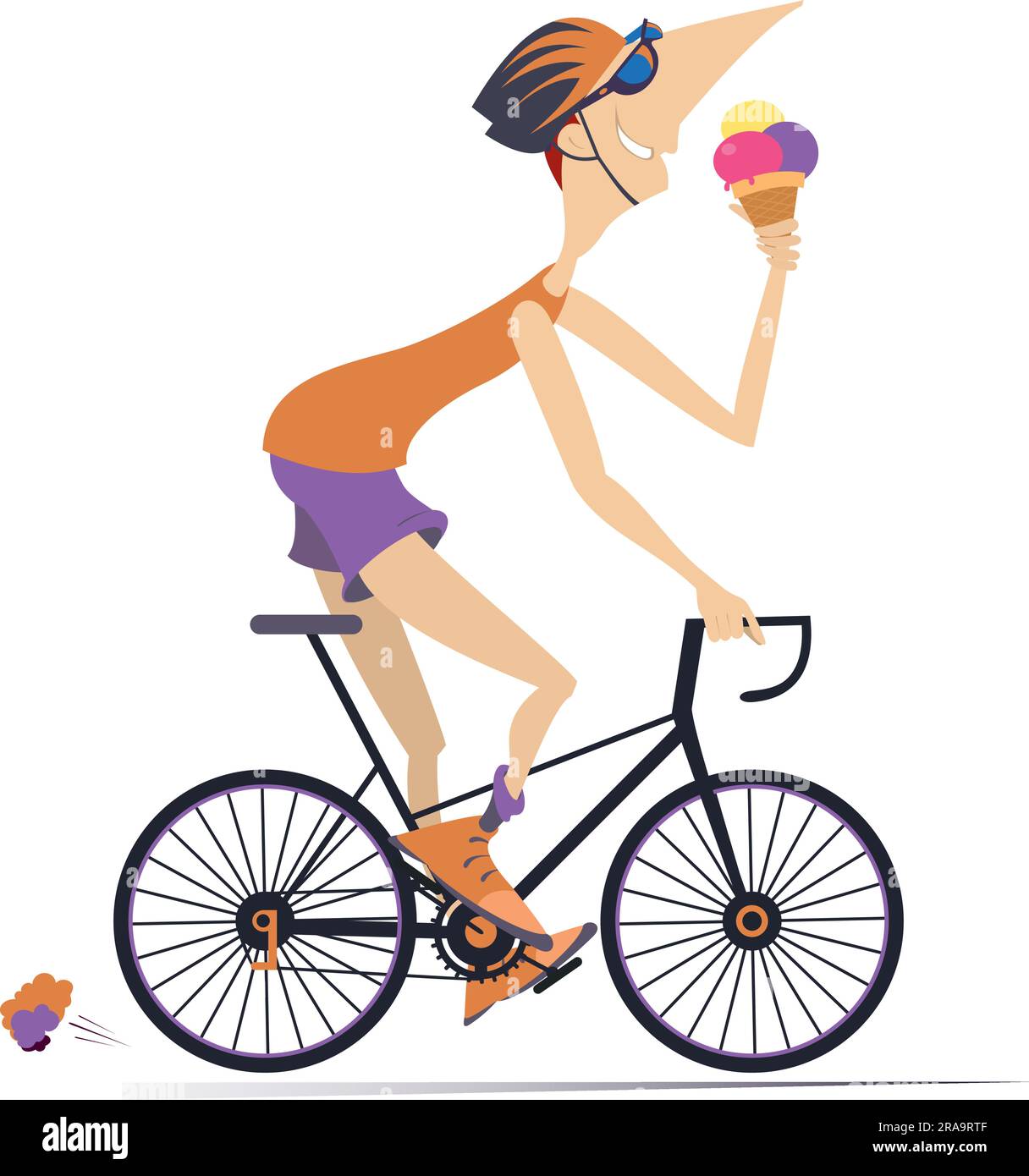 Un ciclista dei cartoni animati che mangia un gelato. Ciclista sorridente in casco sulla bicicletta che mangia un gelato. Isolato su sfondo bianco Illustrazione Vettoriale