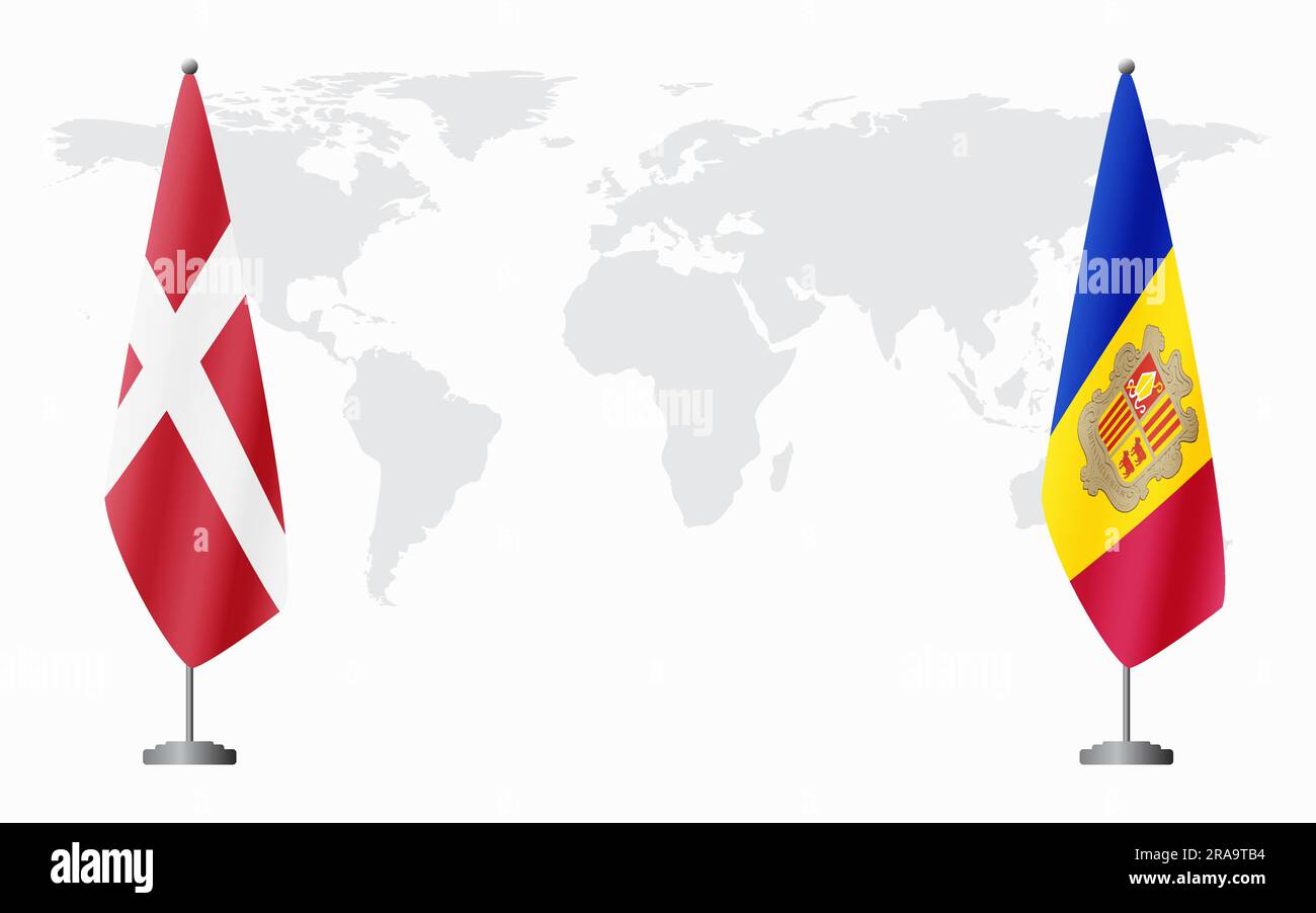 Danimarca e Andorra bandiere per un incontro ufficiale sullo sfondo della mappa mondiale. Illustrazione Vettoriale