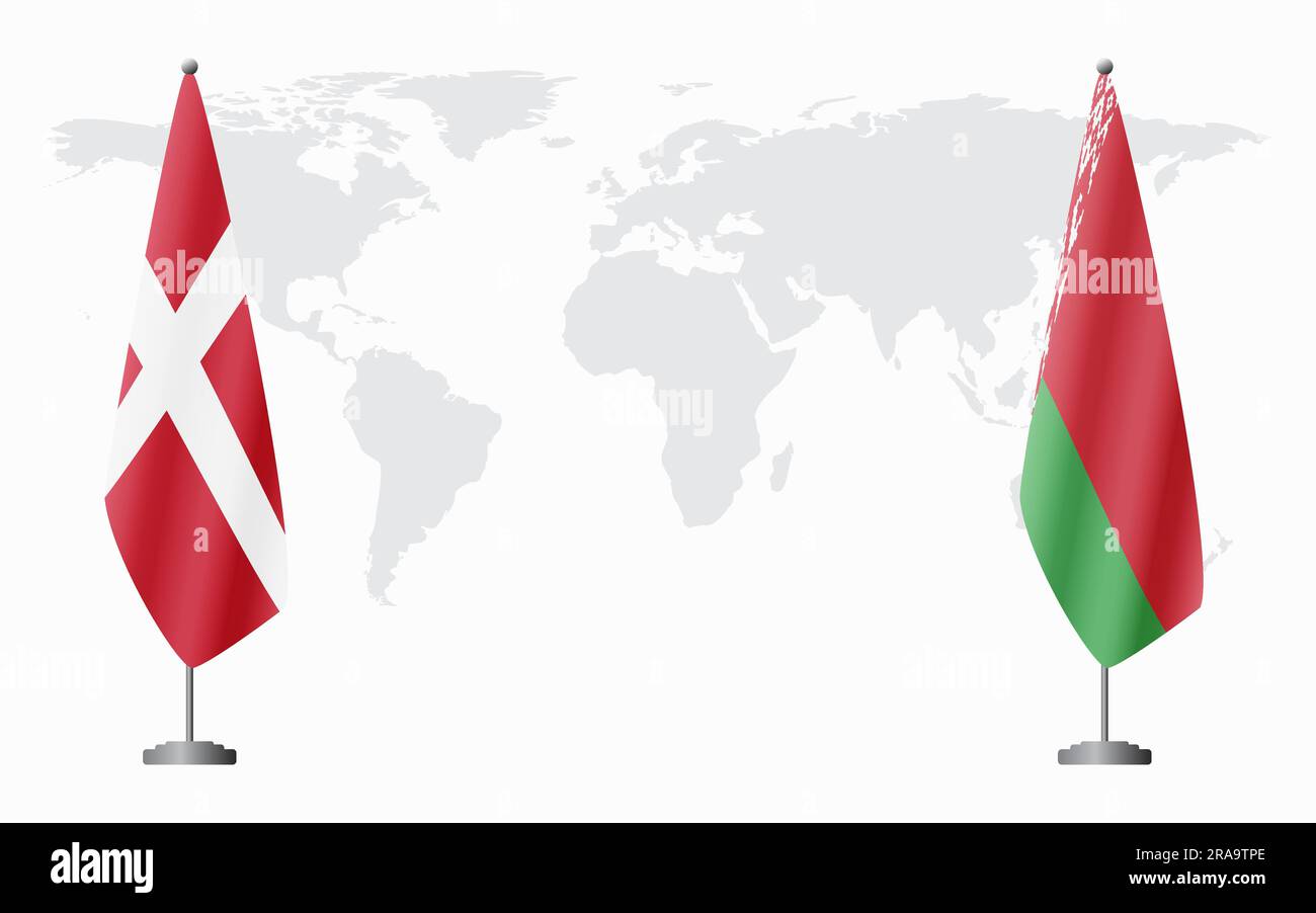 Bandiere danesi e bielorusse per riunioni ufficiali sullo sfondo della mappa mondiale. Illustrazione Vettoriale