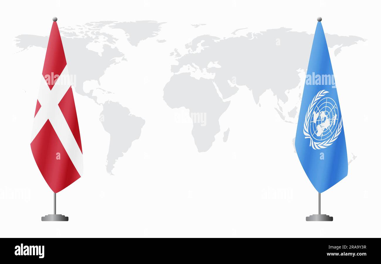 Bandiere della Danimarca e delle Nazioni Unite per un incontro ufficiale sullo sfondo della mappa mondiale. Illustrazione Vettoriale