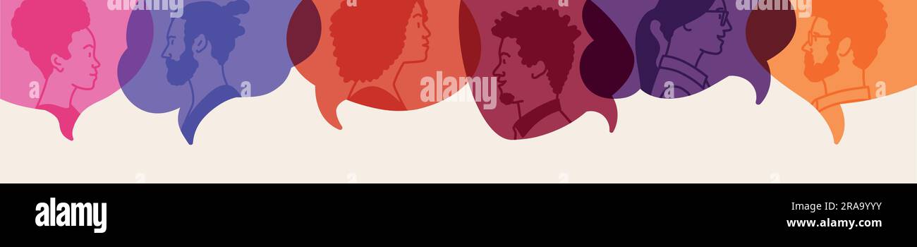 Profilo di donna e uomo all'interno della bolla del discorso. Community.Speak. Illustrazione vettoriale disegnata a mano. Illustrazione Vettoriale
