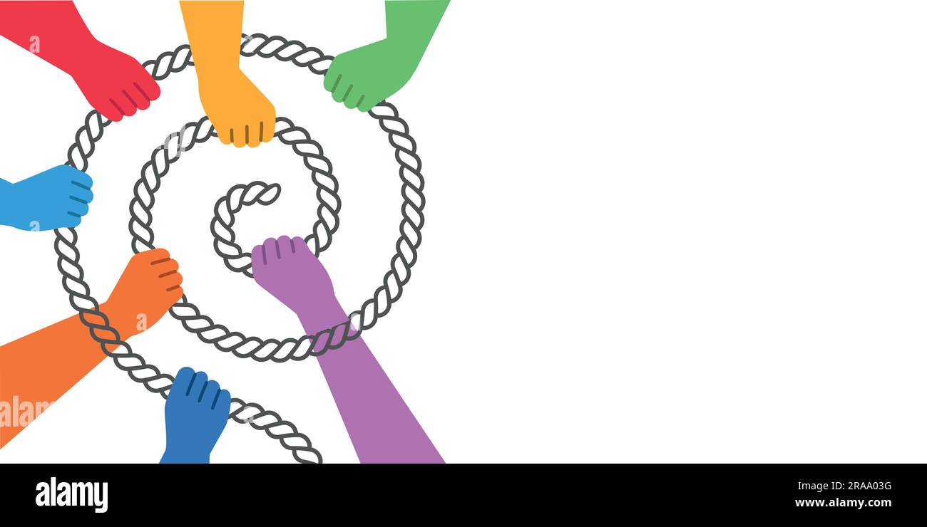 Le mani si aggrappano alla corda sotto forma di spirale. Illustrazione vettoriale disegnata a mano. Illustrazione Vettoriale