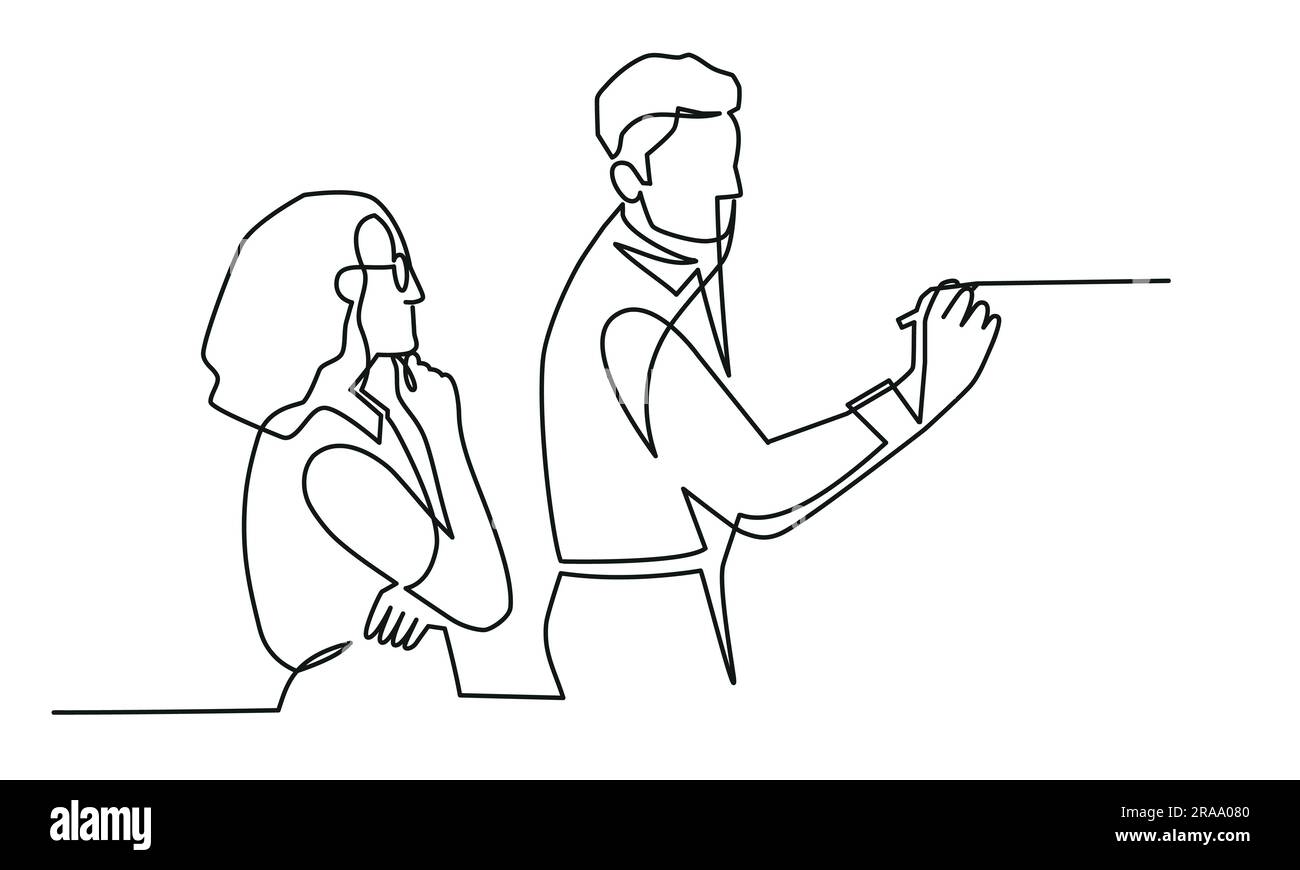 Uomo e donna che lavorano insieme. Un disegno a linea continua. Illustrazione Vettoriale