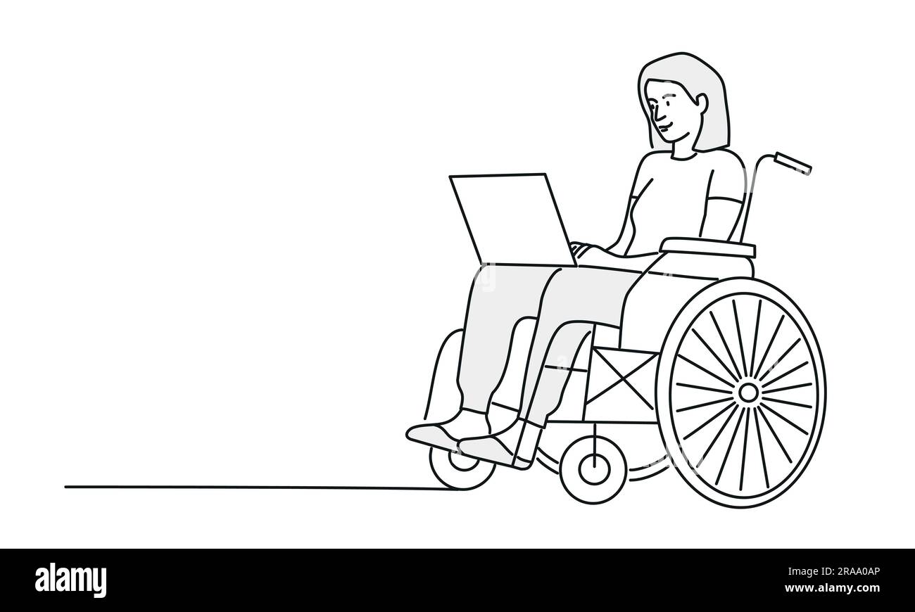 Giovane donna in sedia a rotelle con computer portatile. Illustrazione vettoriale disegnata a mano. Illustrazione Vettoriale