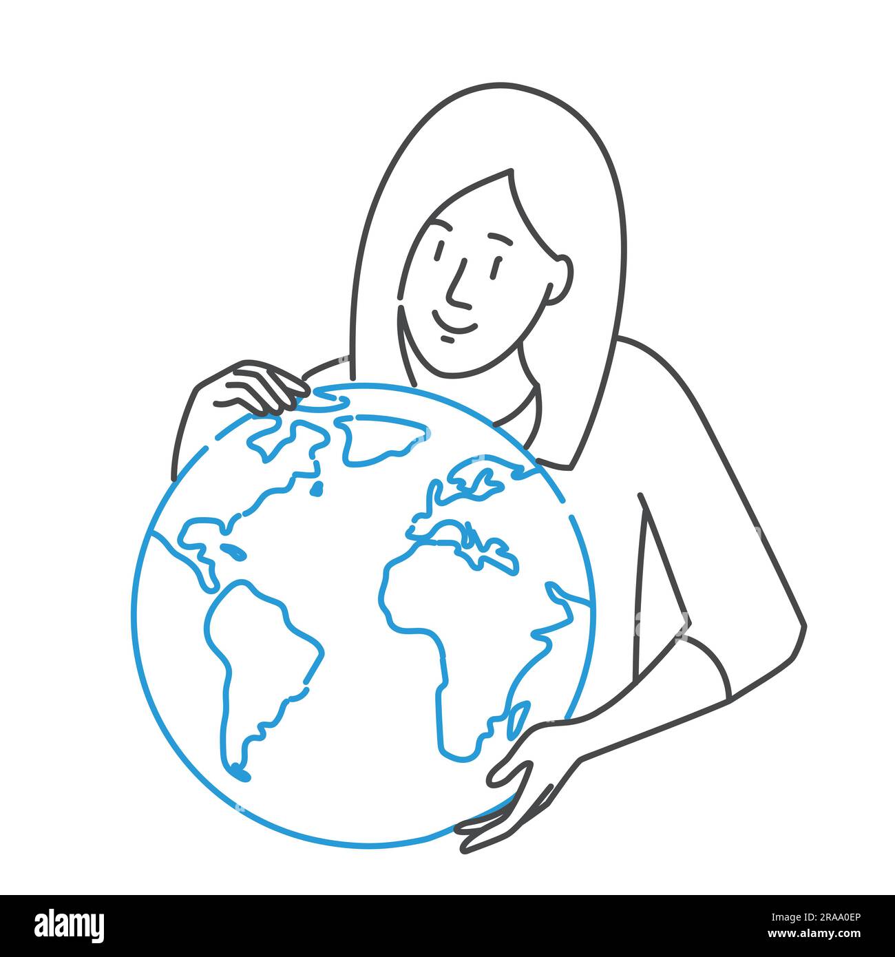 Giovane donna con cura e amore abbraccia il pianeta blu Terra. Illustrazione vettoriale disegnata a mano. Illustrazione Vettoriale