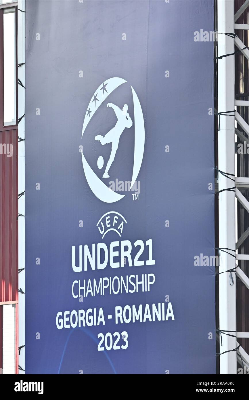 BUCAREST, ROMANIA - 21 GIUGNO: Un logo del Campionato Under21 durante la partita UEFA Under-21 Euro 2023 girone B tra Ucraina e Croazia allo Stadi Foto Stock