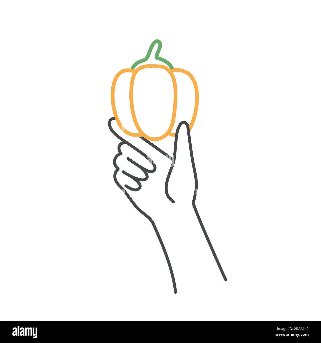 Tenere a mano il peperone. Cibo equilibrato sano e concetto di dieta vegana. Illustrazione vettoriale disegnata a mano. Illustrazione Vettoriale