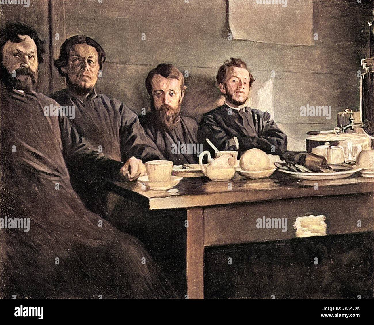 Il figlio maggiore DI TOLSTOJ, il conte Tolstoj (sulla destra) al suo quartier generale, con Berger il suo aiutante; lo Starosta e Birukoff. Data: Circa 1893 Foto Stock