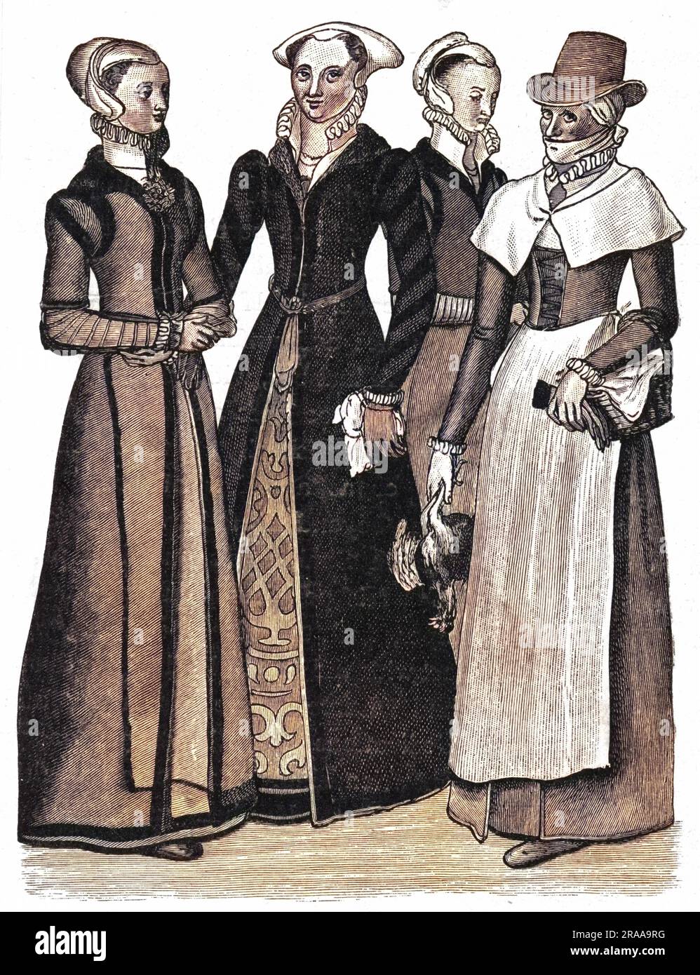 Costumi di donne Burgher e di una donna di campagna, al tempo delle "mogli allegri di Windsor". Data: c.1600 Foto Stock