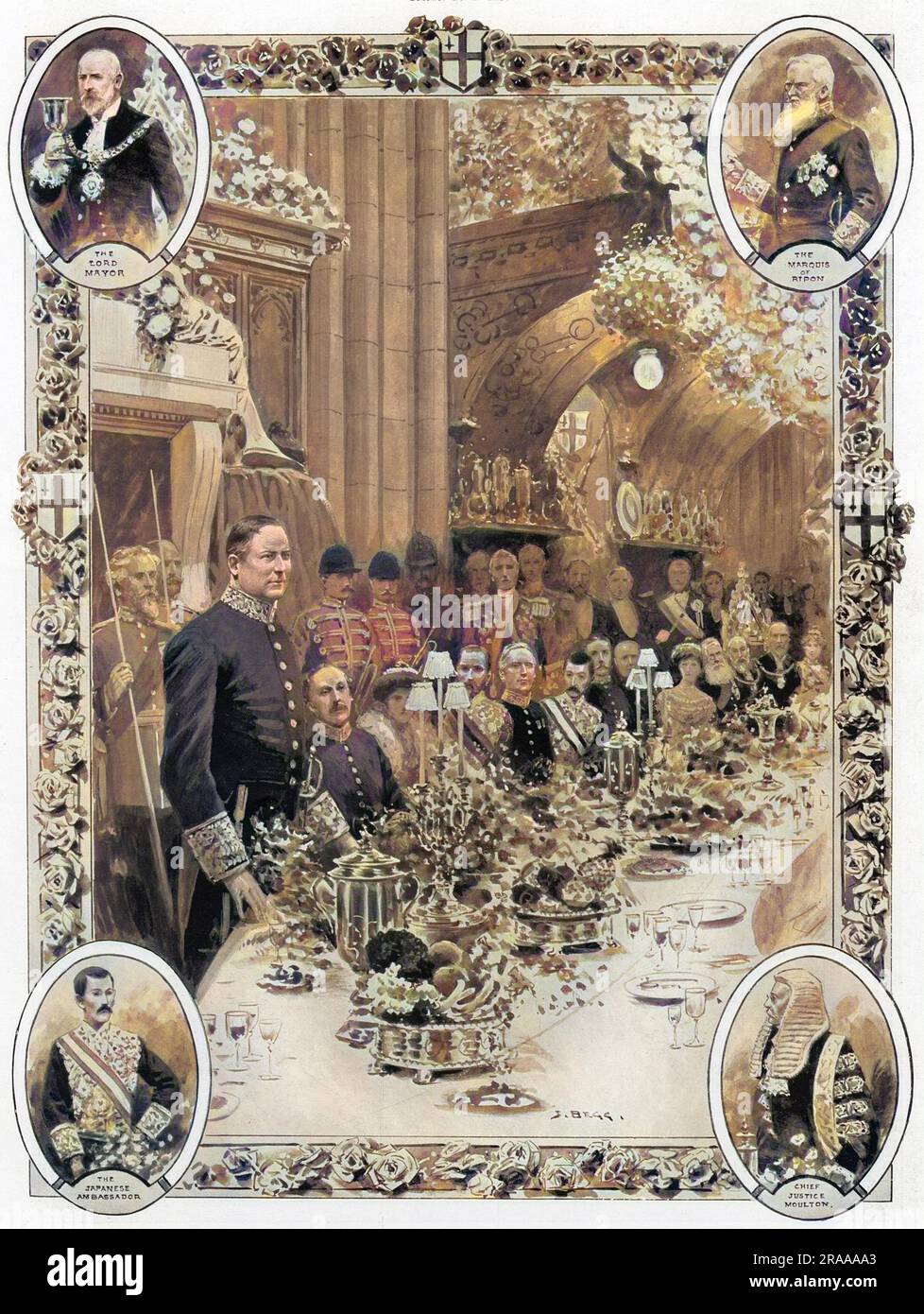 Richard Burton Haldane (1856 - 1928) (a sinistra), quando Segretario di Stato per la Guerra, parla al banchetto inaugurale per il nuovo Lord Mayor di Londra, Sir William Treloar, 9 novembre 1906. Gli inset mostrano (in senso orario dall'alto a destra): Il Marchese di Ripon; il giudice capo Moulton; l'ambasciatore giapponese; Sir William Treloar, Lord Mayor di Londra. Data: 1906 Foto Stock