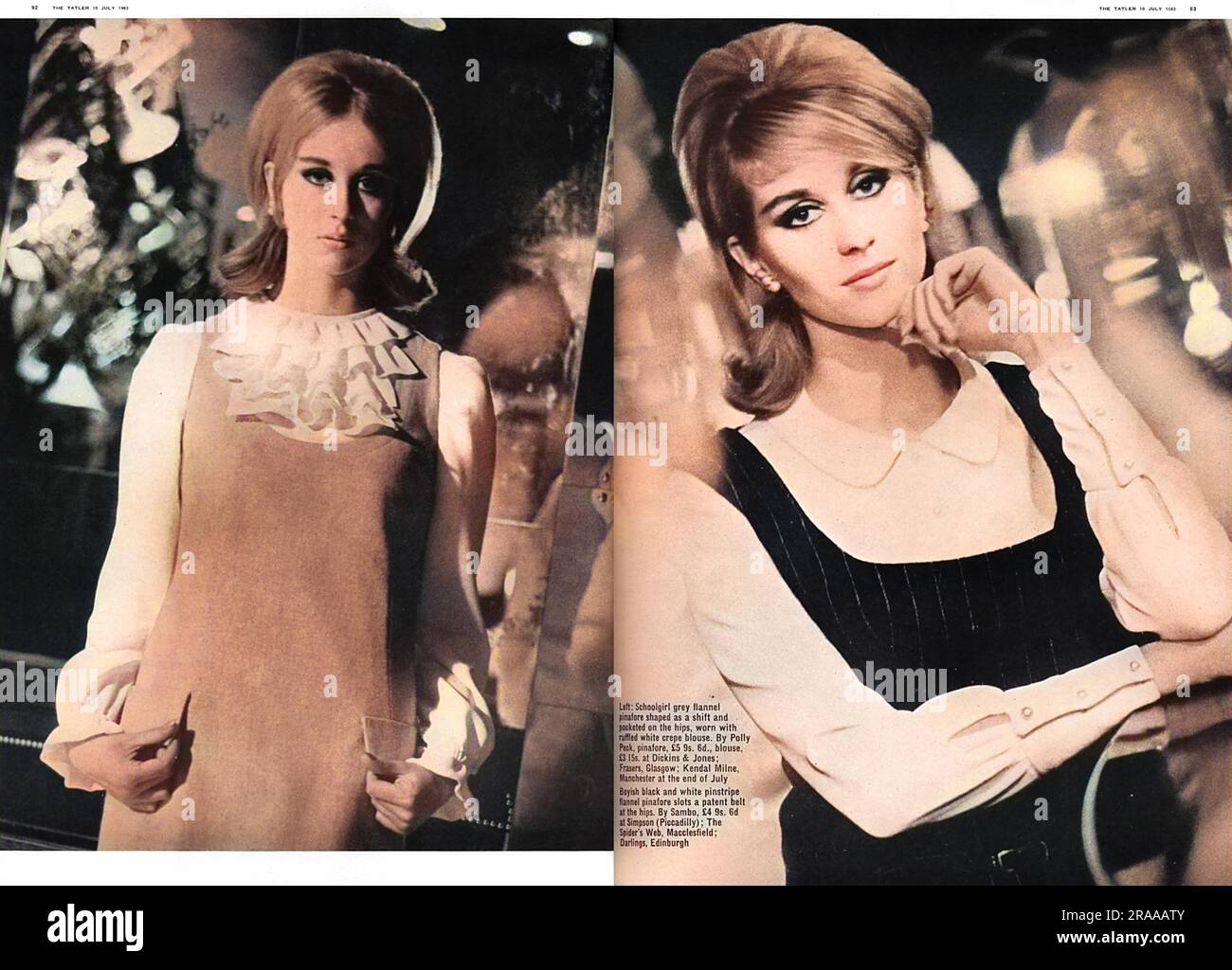 Una moda sparsa sul pinafore, fotografata nel night club Mayfair di Mark Birley, Annabel's - appena aperto nel 1963. A sinistra, una bambina di flanella grigia foggiata come un turno e incavata ai fianchi, indossata con una blusa bianca crepe con volant di Polly Peck. Sulla destra, un ragazzo nero e bianco pinstripe flanella pinafore con una cintura di brevetto indossata ai fianchi da Sambo. Data: 1963 Foto Stock