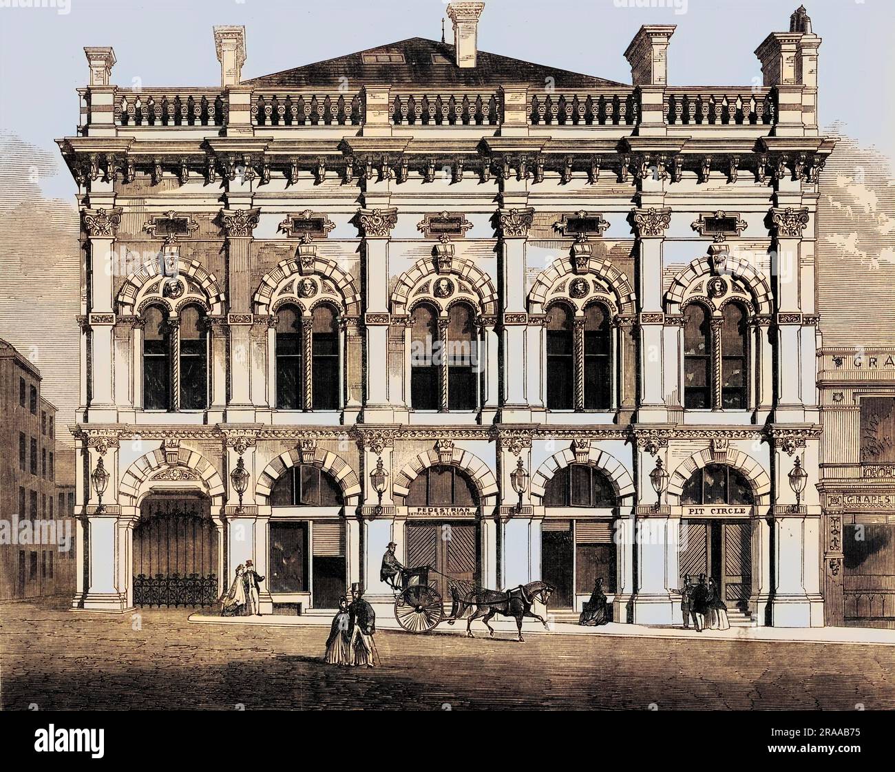 Il New Prince of Wales Theatre and Opera House, Lime Street, Liverpool nell'anno in cui fu inaugurato per la prima volta. Più tardi l'edificio sarebbe stato abbattuto e sostituito con l'attuale Empire Theatre sullo stesso sito nel 1925. Data: 1866 Foto Stock