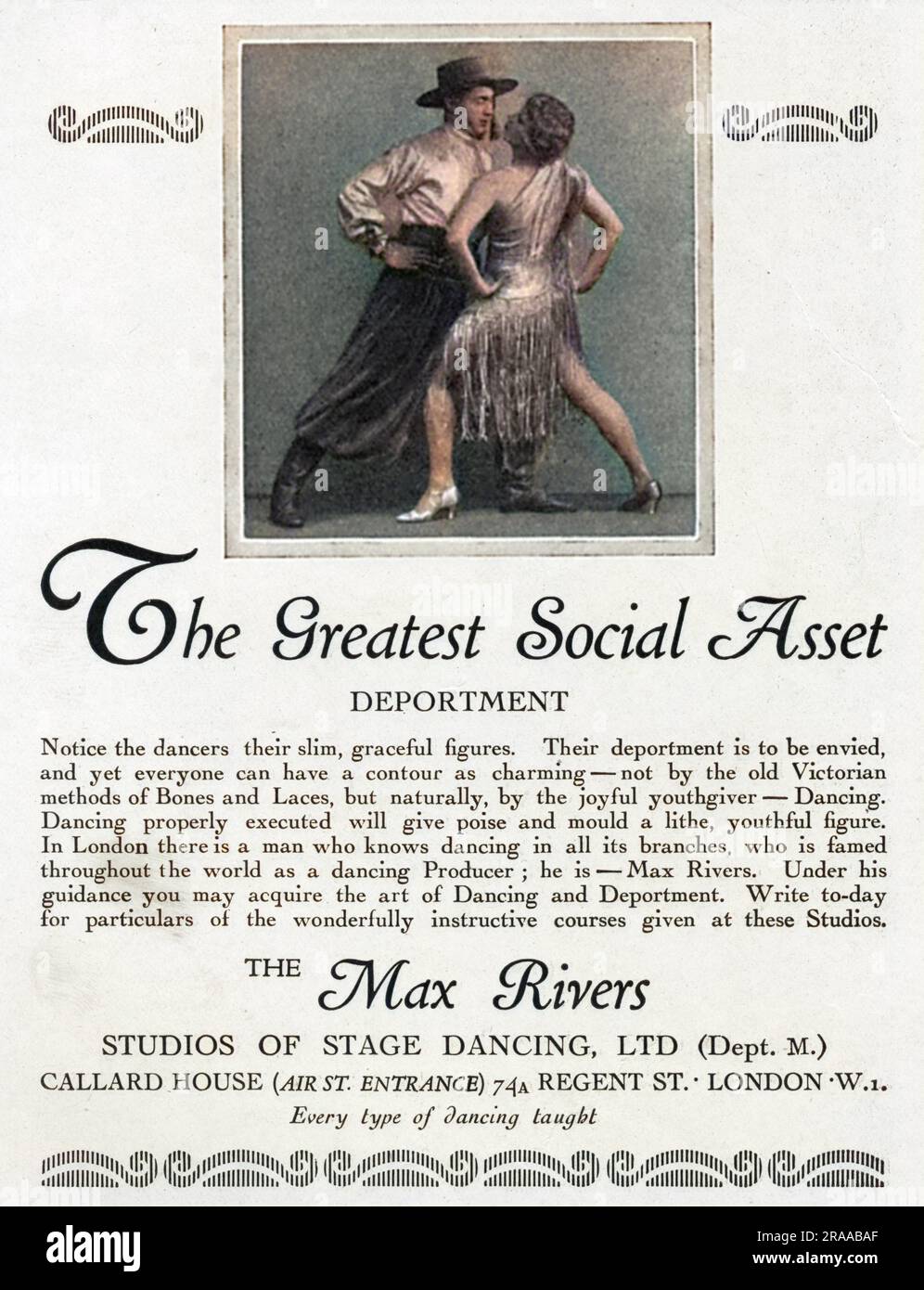 Pubblicità per i Max Rivers Studios di Stage Dancing, il modo per raggiungere un lithe e una figura aggraziata secondo la copia. Data: 1928 Foto Stock