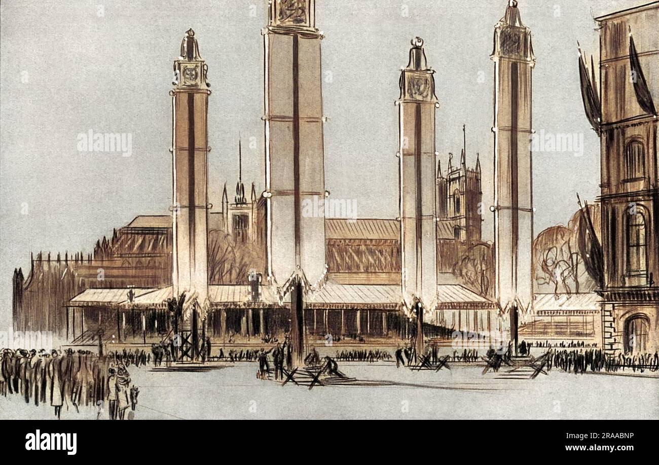 Gli stand e le decorazioni allestite vicino all'Abbazia di Westminster per l'incoronazione di re Giorgio VI che ricordano lo stile dei tornei medievali. Data: 1937 Foto Stock