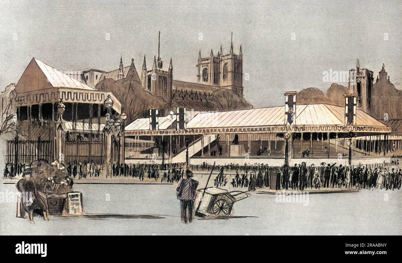 Gli stand e le decorazioni allestite vicino all'Abbazia di Westminster per l'incoronazione di re Giorgio VI che ricordano lo stile dei tornei medievali. Data: 1937 Foto Stock