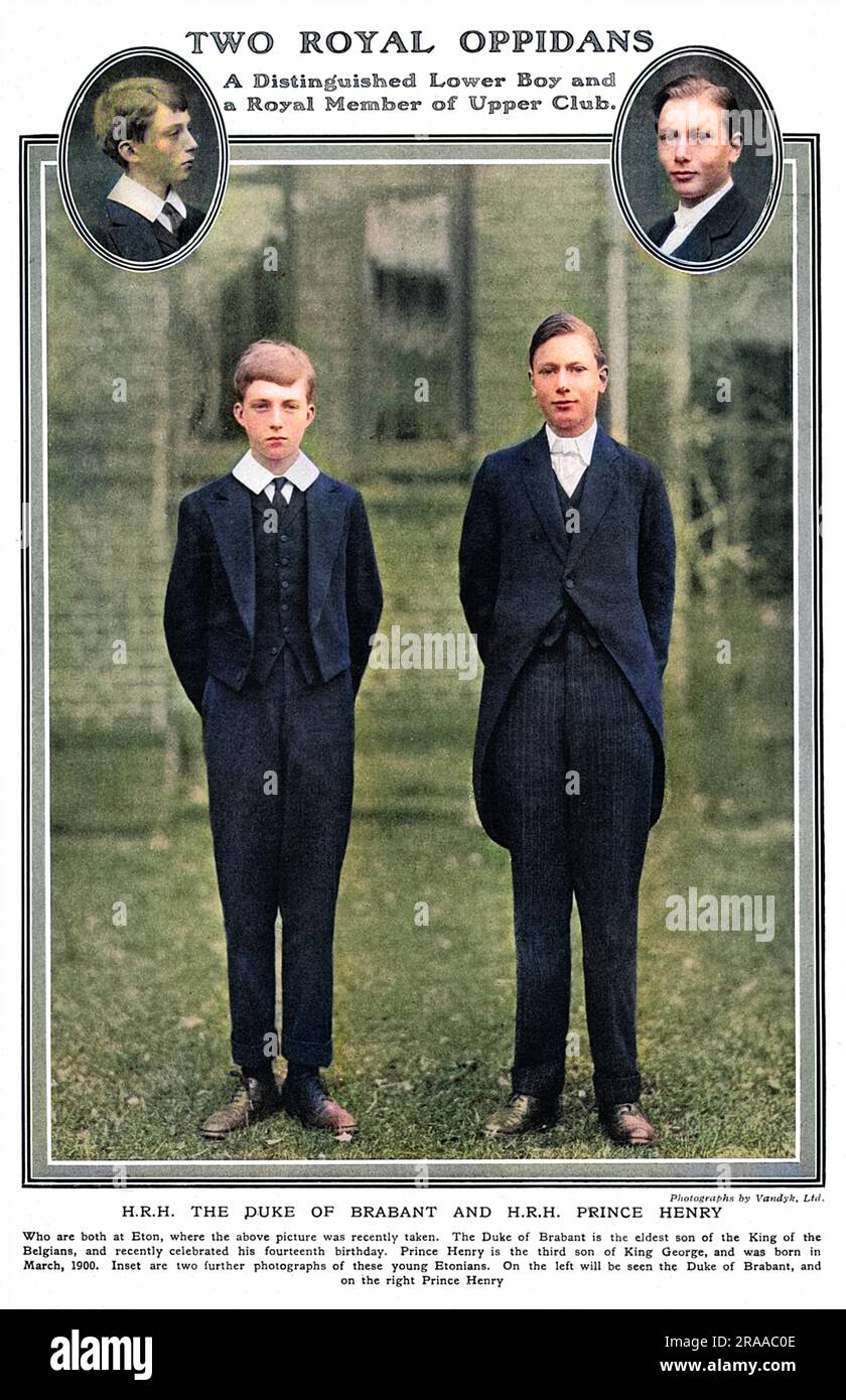 Principe Enrico, duca di Gloucester (1900-1974), terzo figlio di re Giorgio V e della regina Maria, raffigurato in uniforme a Eton con il duca di Brabante, poi re Leopoldo III (1901-1983), figlio maggiore di Alberto i, re dei belgi. Data: 1915 Foto Stock