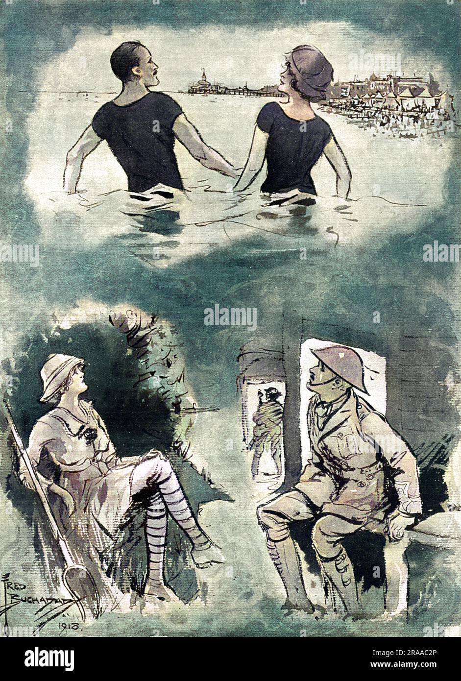 Una Land Girl, con il suo forcone momentaneamente riposato, e un ufficiale britannico in trincee, hanno entrambi lo stesso sogno di una giornata spensierata al mare solo un anno fa. Accompagna il poema dice: "Il loro lavoro e la loro guerra sembrano fondersi in un sogno, di un bel tempo estivo, Un anno fa... insieme!" Data: 1918 Foto Stock