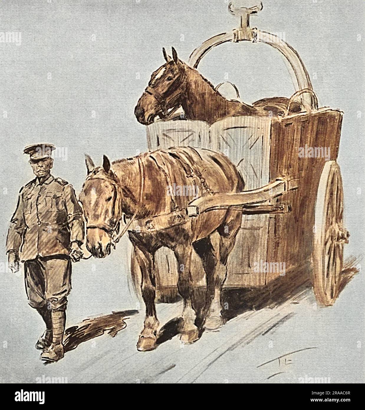 Un'ambulanza per cavalli trainata da cavalli durante la prima guerra mondiale, parte di una caratteristica sul lavoro del corpo veterinario dell'esercito nell'esercito britannico. Data: 1915 Foto Stock