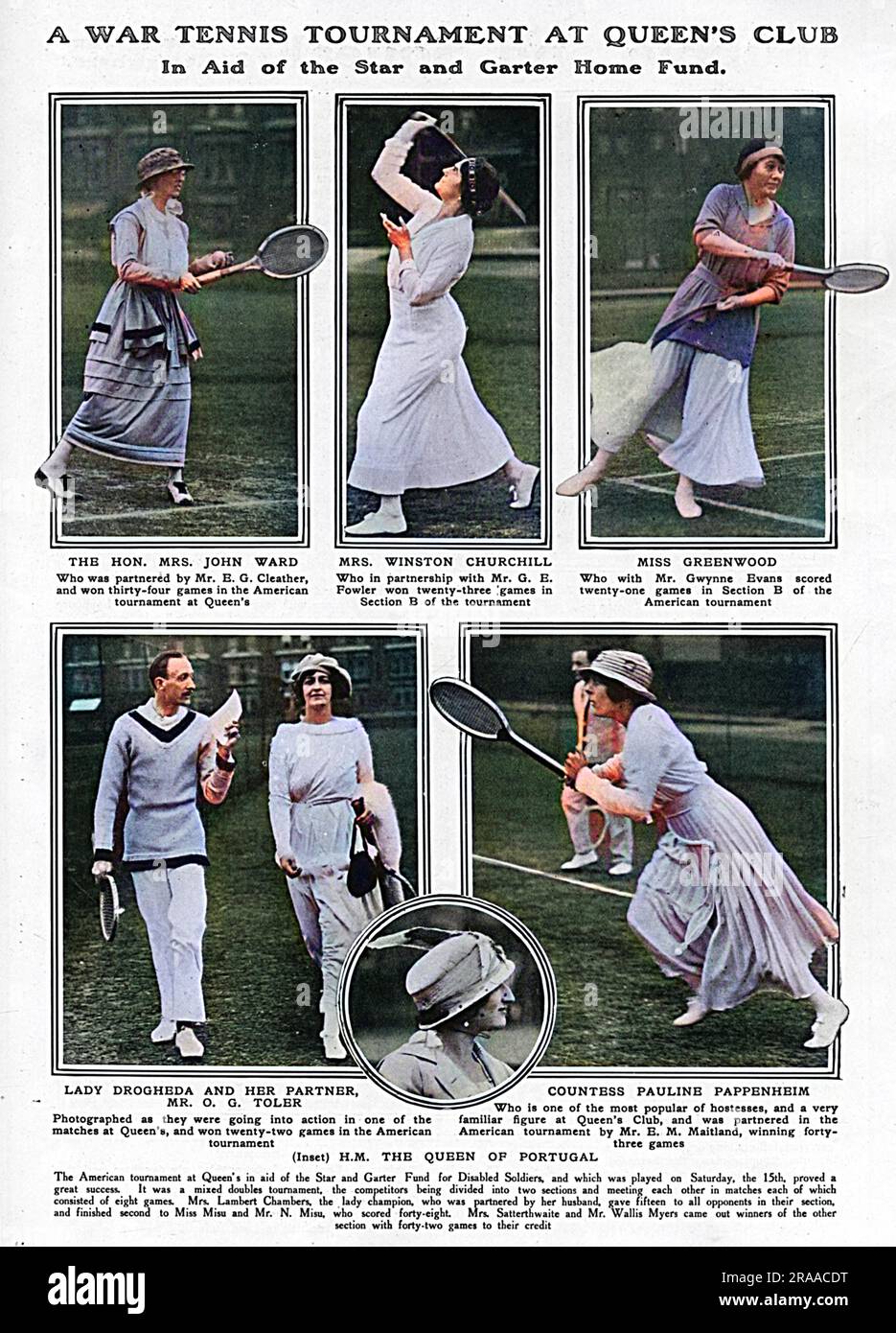 Una pagina del Tatler che riporta le fotografie di un torneo di tennis tenuto in aiuto del Fondo domestico Star and Garter per i soldati disabili, che si è svolto il 15 luglio 1916. Si è trattato di un torneo misto di doppio e varie persone della società hanno partecipato, in senso orario dall'alto a sinistra, l'on. John Ward, Mrs Winston (Clementine) Churchill, Miss Greenwood, Contessa Pauline Pappenheim, H.M. La regina del Portogallo e la donna d'azione a tutto tondo Lady Drogheda con il suo compagno O. G. Toler. Personaggi importanti del tennis che hanno preso parte (ma che non sono raffigurati) sono stati Dorotea Lambert Chambers e. Foto Stock