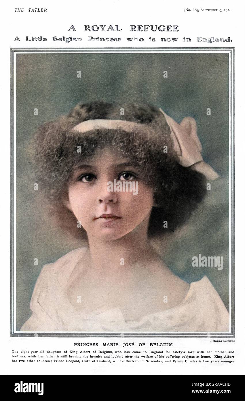 MARIA JOSE DEL BELGIO (1906-2001) moglie di Umberto di Savoia, principe del Piemonte, e figlia di Alberto del Belgio. Nella foto The Tatler all'età di otto anni, come rifugiata reale dopo che lei e i suoi fratelli avevano viaggiato in Gran Bretagna durante le prime settimane della prima guerra mondiale. La principessa Marie Jose era un simbolo fotogenico di "Brave Little Belgium" e una poster girl per le cause alleate durante la guerra e successivamente la sua fotografia è stata frequentemente pubblicata su riviste illustrate. Data: 1914 Foto Stock