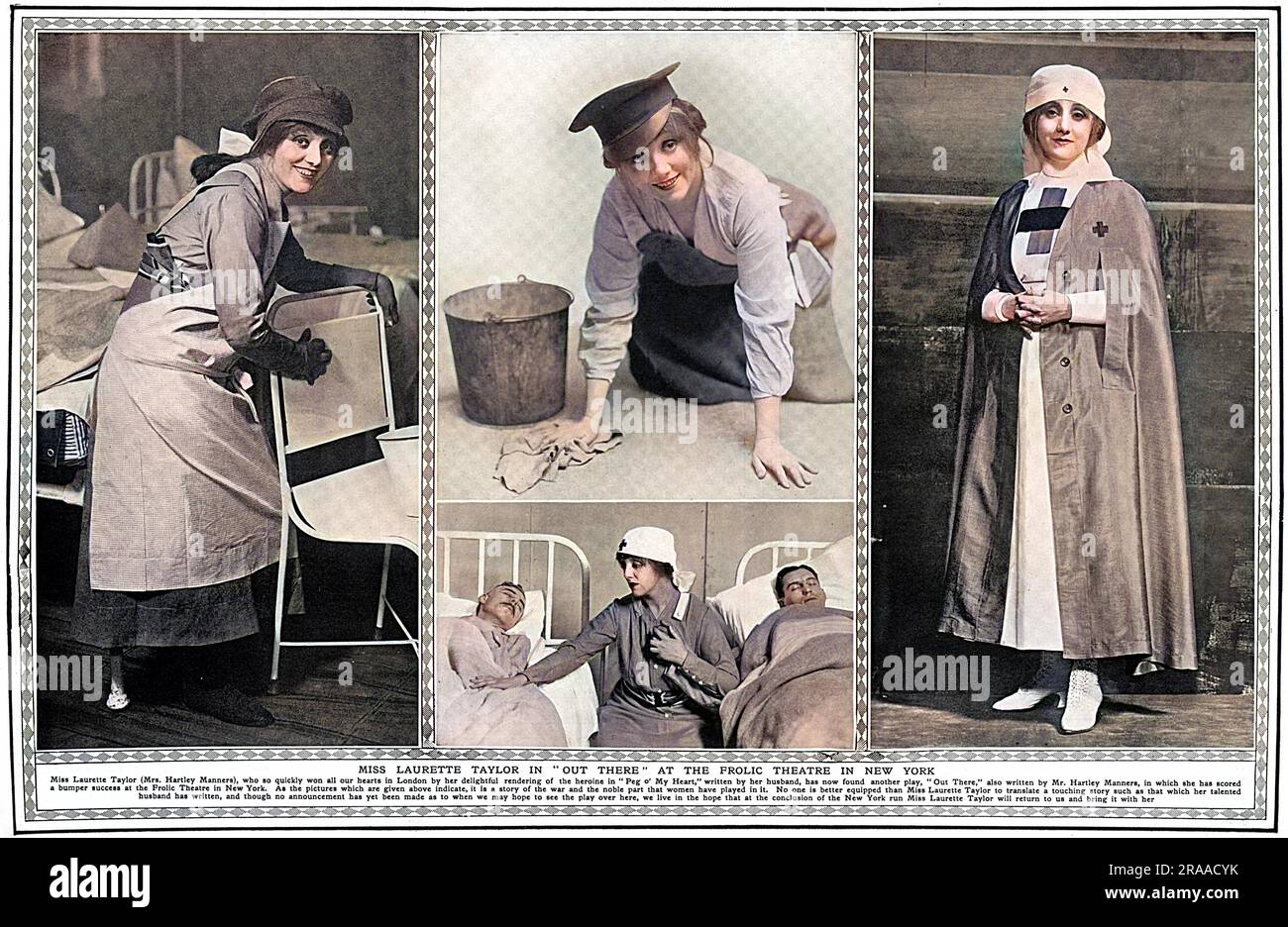 Miss Laurette Taylor (1883 - 1946), attrice americana nata Loretta Helen Clooney, raffigurata in varie scene della commedia, 'Out There', scritta dal suo secondo marito John Hartley Manners, che aveva scritto anche Peg o' My Heart, l'opera teatrale di enorme successo in cui Taylor aveva recitato a Londra. "Là fuori", raccontò la storia della guerra e il "ruolo nobile che le donne hanno avuto in essa". Di conseguenza, viene raffigurata come un'infermiera e si occupa di vari lavori di pulizia. Lo spettacolo è andato in onda al Frolic Theatre di New York nel 1917. Data: 1917 Foto Stock