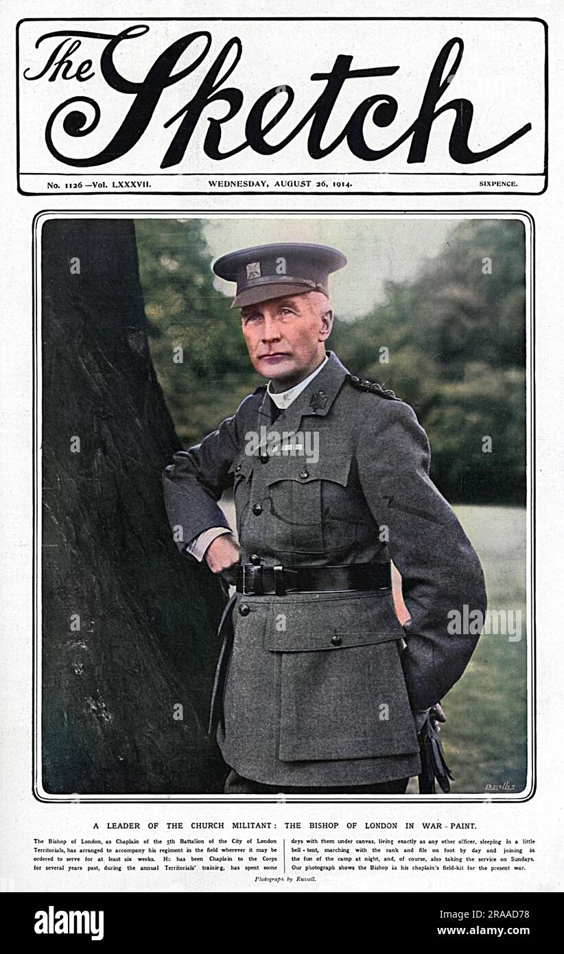 Copertina del disegno con il Vescovo di Londra (1858-1946), che fu Chaplain alla Brigata del Rifle di Londra e volontari della Royal Naval di Londra dal 1901. Sostenne con fervore la causa britannica durante la prima guerra mondiale, visitando le truppe sul fronte occidentale e Salonicco e, man mano che la guerra progrediva, incoraggiò i membri del clero più giovane ad arruolarsi come soldati. In questa fotografia indossa la divisa da campo del cappellano per la prima guerra mondiale Data: 1914 Foto Stock