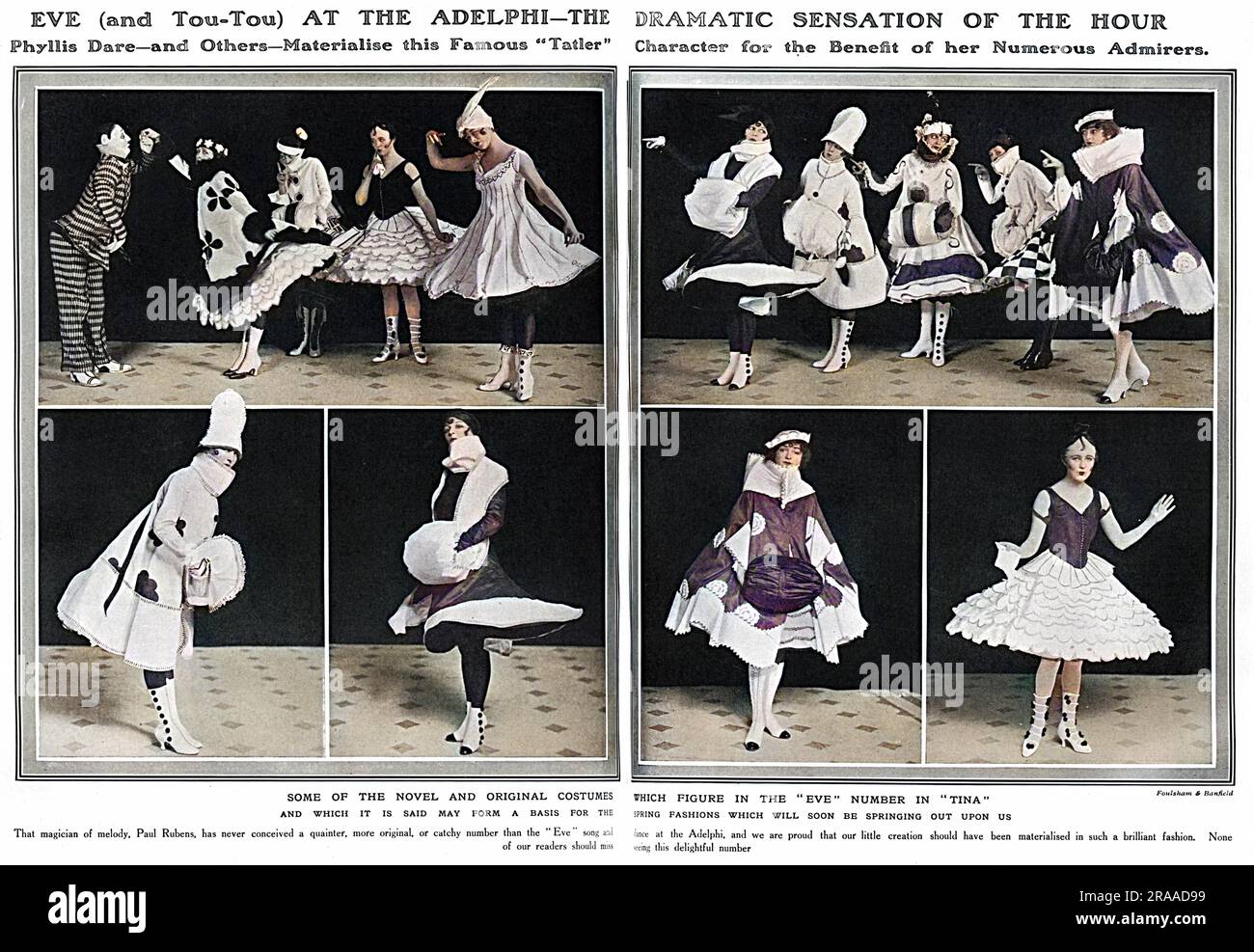 Attrici, tra cui Phyllis dare, nel ruolo di Eve, l'editorialista principale, disegnata da Annie Fish per la rivista Tatler, i cui costumi eleganti e stilizzati sono stati ricreati (in modo brillante dovrei dire) per davvero in uno sketch dedicato al personaggio, come parte di una rivista, "Tina" all'Adelphi Theatre nel 1916. Sia la rivista Sketch che la rivista Tatler hanno riferito (a volte con schizzi) che i costumi avevano ispirato delle vere mode primaverili. Paul Rubens compose la musica per il numero di Eve. Tatler ha scritto: "Siamo orgogliosi che la nostra piccola creazione avrebbe dovuto essere materializzata in un così brillante Foto Stock