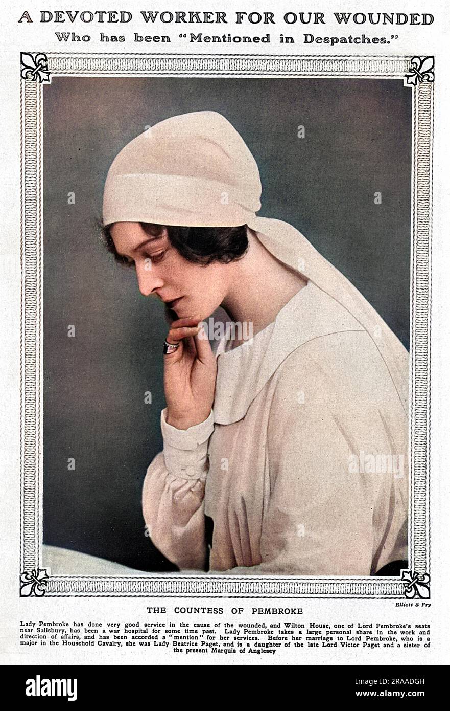 Beatrice Eleanor Pembroke (nata Paget), contessa Pembroke (1883-1973), moglie del XV conte di Pembroke; figlia di Lord Alexander Victor Paget. Nella foto in uniforme infermieristica durante la prima guerra mondiale, quando la sede del duca, Wilton House, vicino a Salisbury, fu convertita in un ospedale militare. Data: 1918 Foto Stock