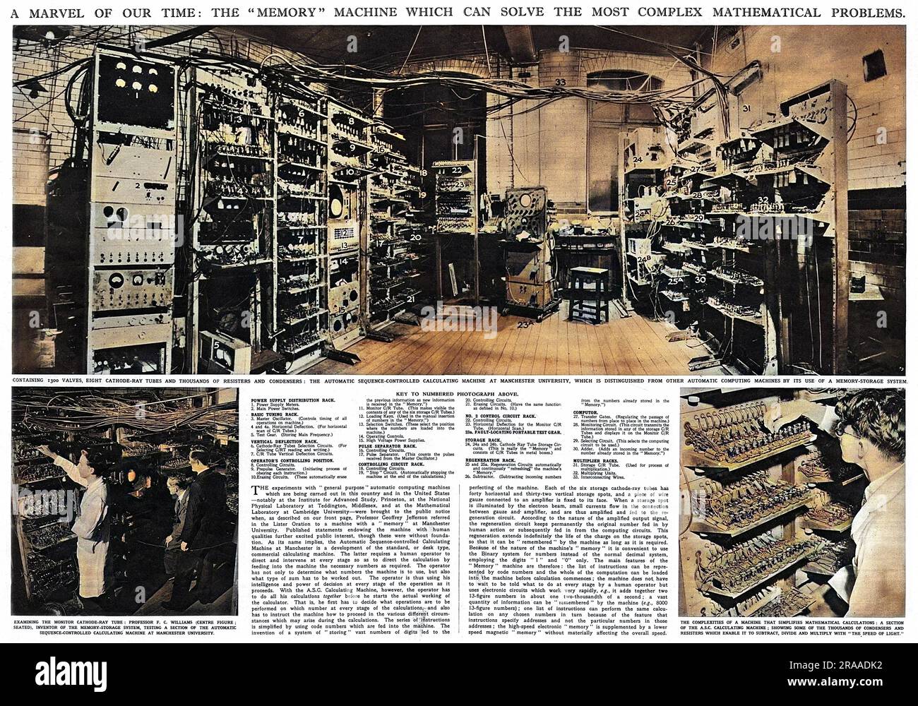 Una doppia pagina distribuita dall'Illustrated London News, 1949, che riporta la macchina di calcolo automatica controllata dalla sequenza all'Università di Manchester. La macchina contiene 1.300 valvole, 8 tubi a raggi catodici e migliaia di resistenze e condensatori, oltre a disporre di un esclusivo sistema di archiviazione della memoria. Data: 1949 Foto Stock