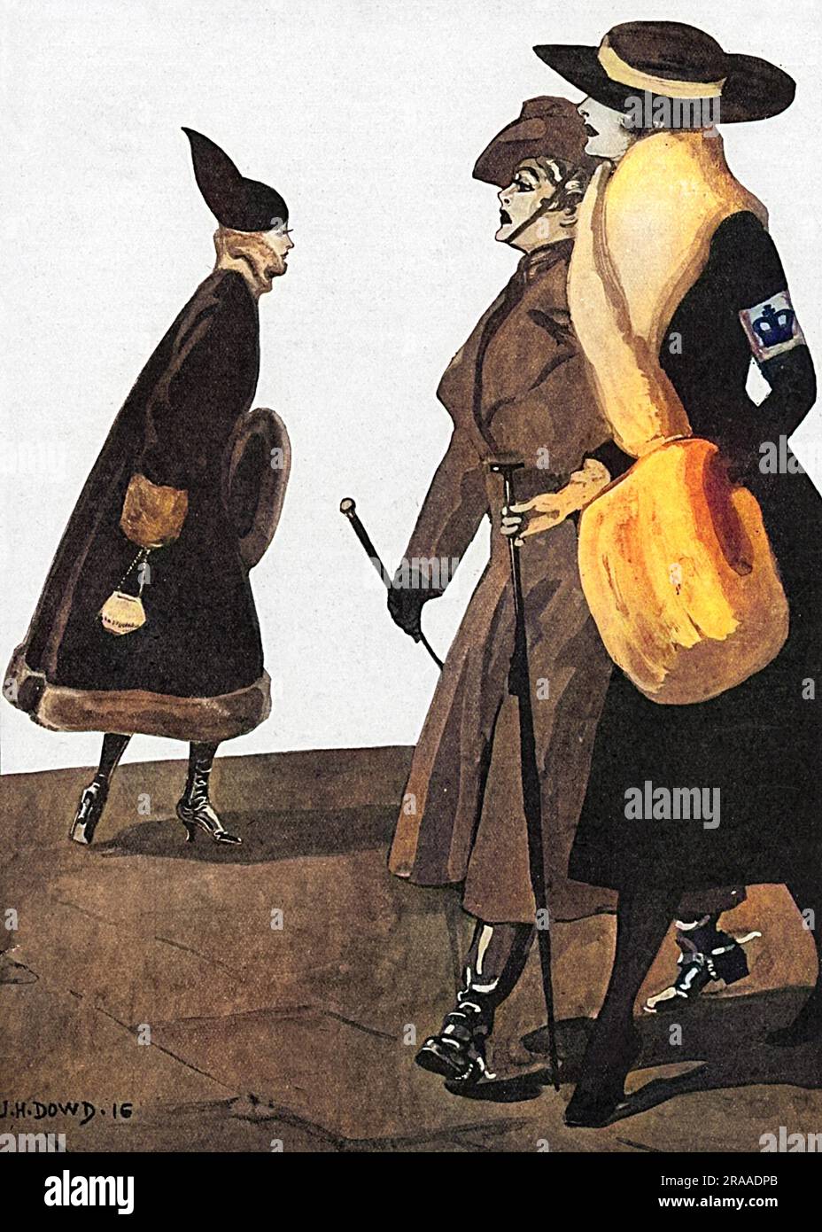 Un'illustrazione di due donne che contribuiscono allo sforzo di guerra, mostrata dal loro vestito militare, denominando un'altra donna che non sta aiutando un 'slacker '. Data: 1916 Foto Stock