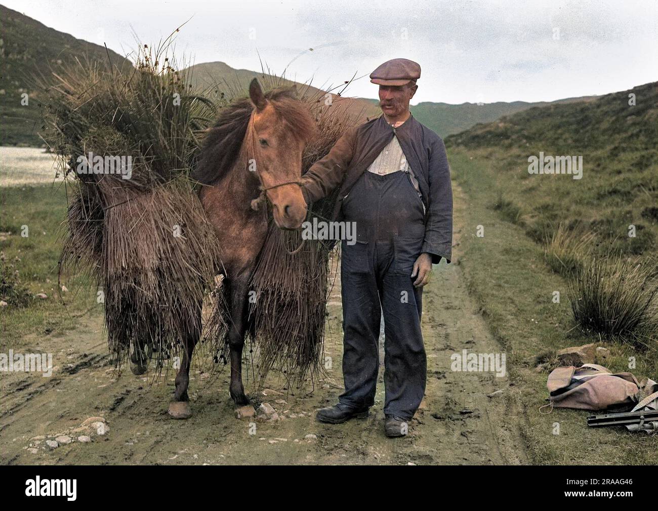 Un uomo con un pony che trasporta balle di fieno su una corsia di campagna in Scozia. Foto Stock